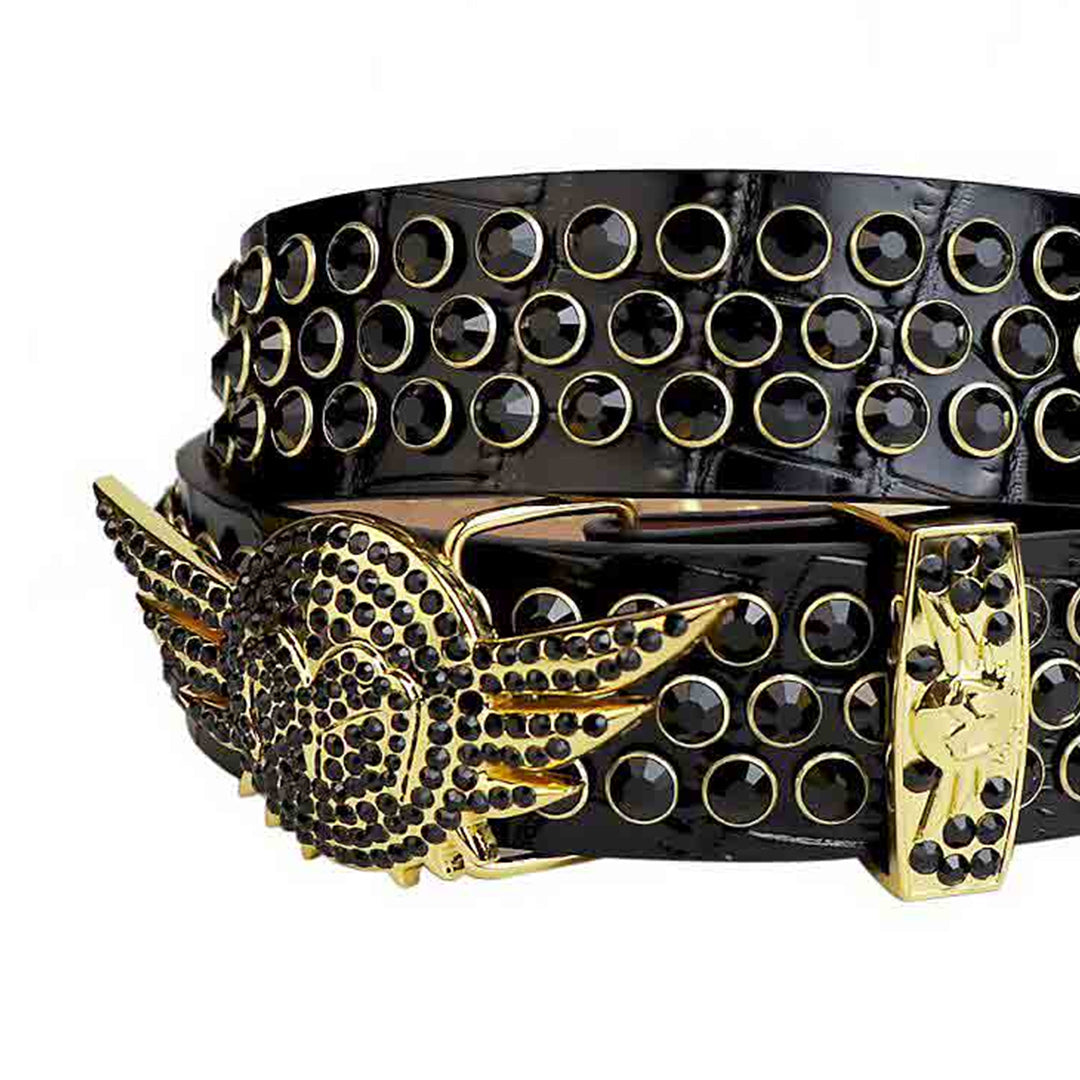 Angel Wings Buckle Black Strap With Black Studded Rhinestone Belt