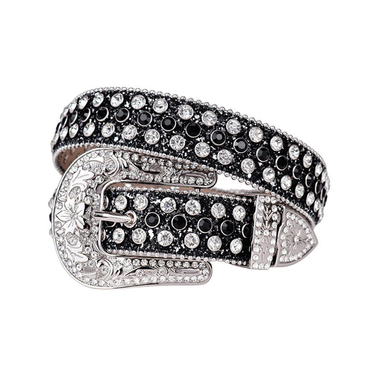 Engraved Buckle Shiny Black Strap With Black & Silver Studded Rhinestone Belt
