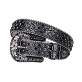 Engraved Buckle Black Strap With Black Studded Rhinestone Belt
