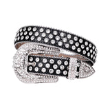 Engraved Buckle Black Strap With Crystal Studded Rhinestone Belt