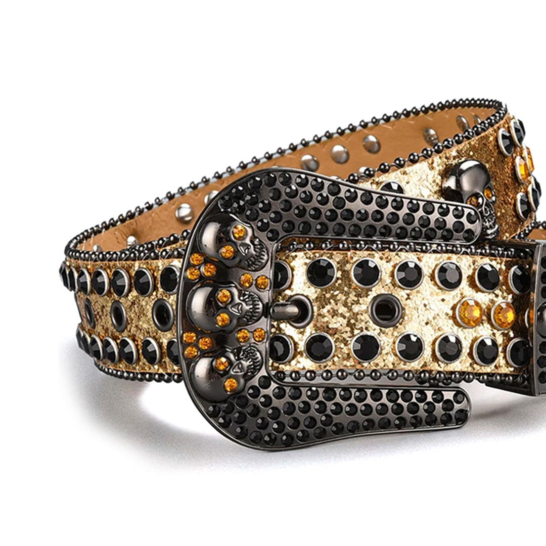 Skull Buckle Gold Strap With Gold & Black Studded Rhinestone Belt