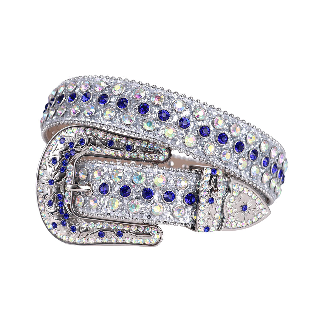 Engraved Buckle Shiny Grey Strap With Blue & Multi Studded Rhinestone Belt