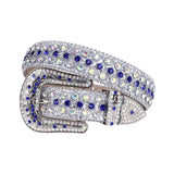 Engraved Buckle Shiny Grey Strap With Blue & Multi Studded Rhinestone Belt