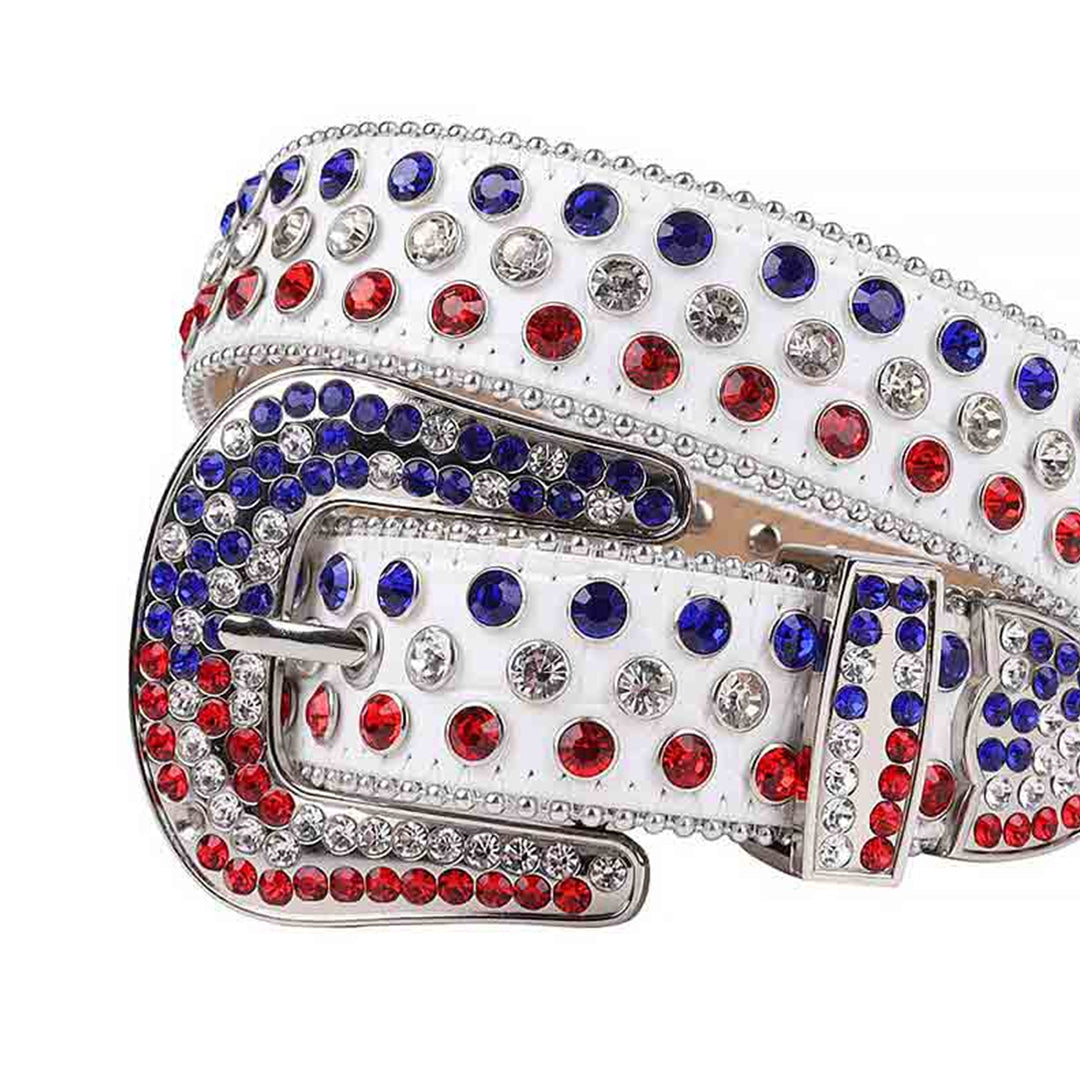 White Strap With Red & Blue Studded Rhinestone Belt