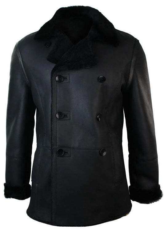 Men's Black German-Style Double-Breasted Leather Coat