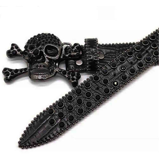 Metal Skull Buckle Black Strap With Black Studded Rhinestone Belt