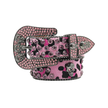 Skull Buckle Pattern Pink Strap With Pink Studded Rhinestone Belt