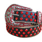 Red Rhinestone Belt With Black Textured Strap Silver Buckle