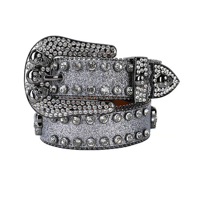 Skull Buckle Grey Strap With Grey Studded Rhinestone Belt