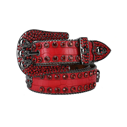 Skull Buckle Red Studded Rhinestone Belt