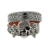 Metal Skull Buckle Silver Strap With Silver & Multi Studded Rhinestone Belt