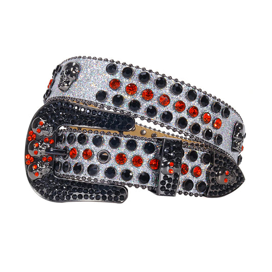 Skull Buckle Grey Strap With Black & Red Studded Rhinestone Belt