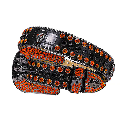 Skull Buckle Black Strap With Orange & Black Studded Rhinestone Belt