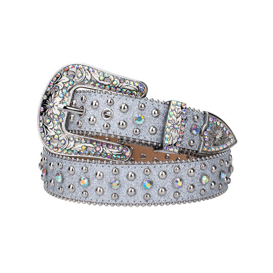 Engraved Buckle Shiny Grey Strap With Multi Studded Rhinestone Belt