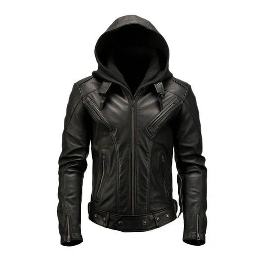 Men's Hooded Black Biker Leather Jacket-Men's Biker Jackets-Premium Leather Store