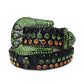 Green and Orange Rhinestone Belt With Black Glitter Strap and Skull Buckles