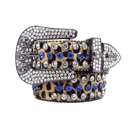 Skull Buckle Leopard Strap With Blue & Crystal Studded Rhinestone Belt