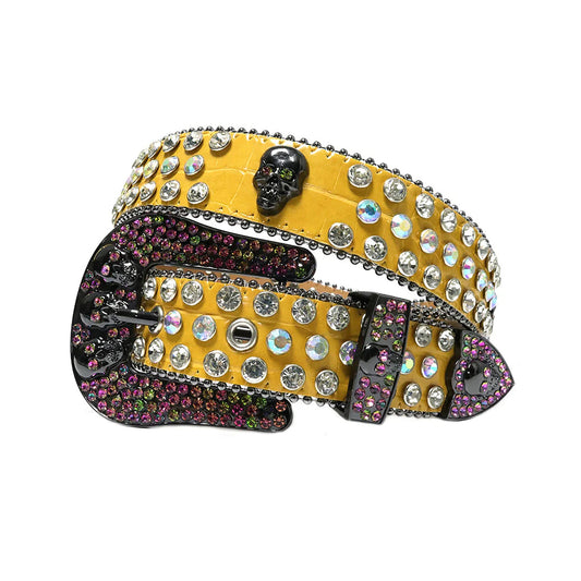Skull Buckle Yellow Strap With Multi & Crystal Studded Rhinestone Belt