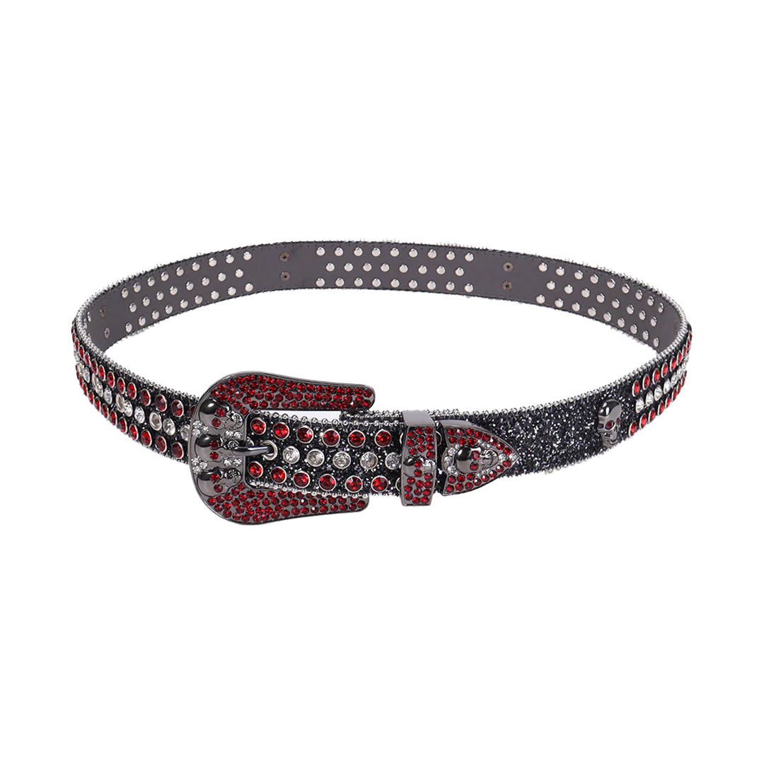 Skull Buckle Black Strap With Red & Crystal Studded Rhinestone Belt