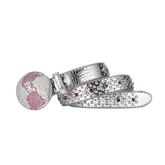 Globe Buckle With Silver & Pink Studded Rhinestone Belt