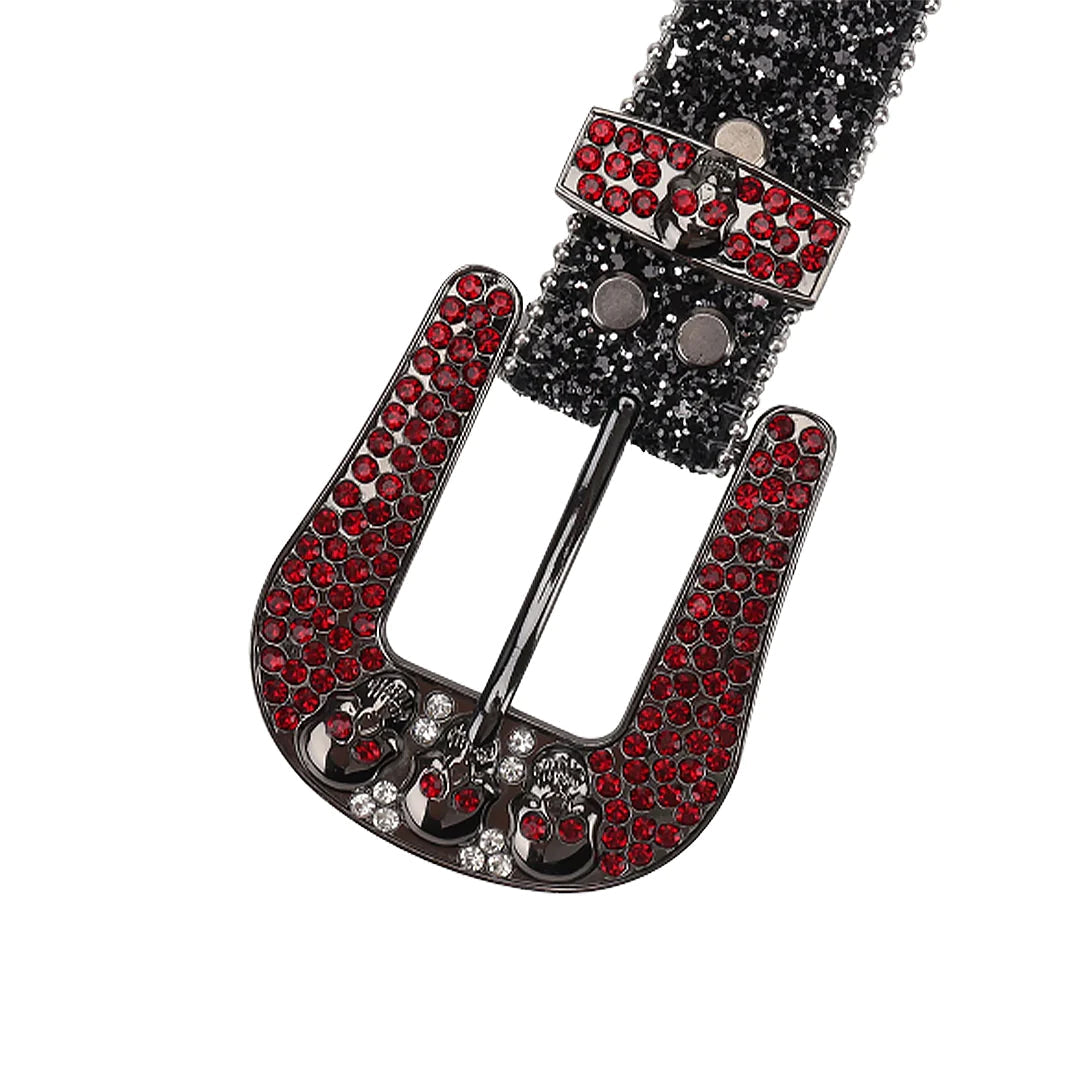 Skull Buckle Black Strap With Red & Crystal Studded Rhinestone Belt