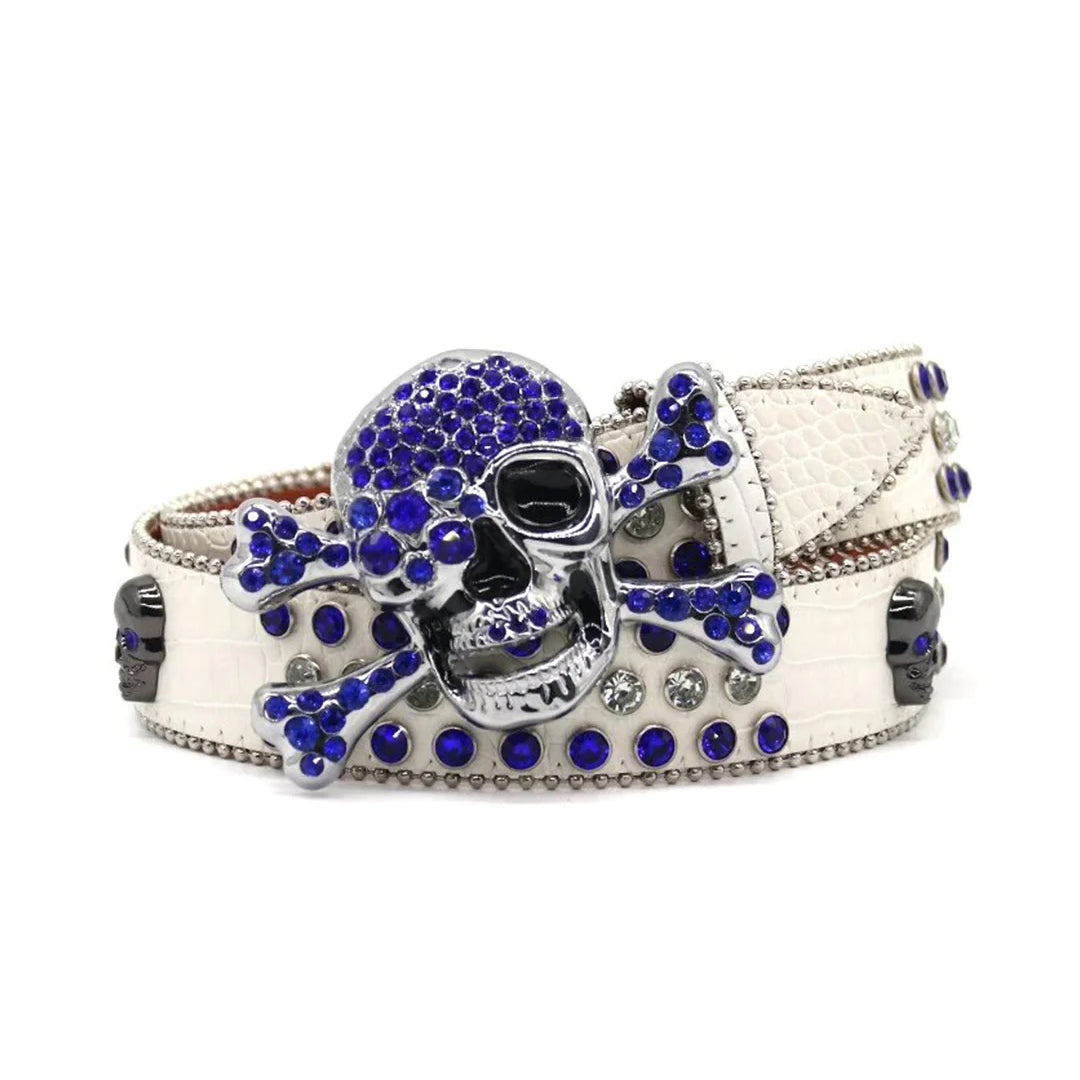 Metal Skull Buckle White Strap With Crystal & Blue Studded Rhinestone Belt