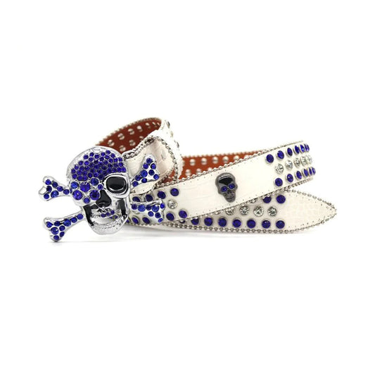 Metal Skull Buckle White Strap With Crystal & Blue Studded Rhinestone Belt