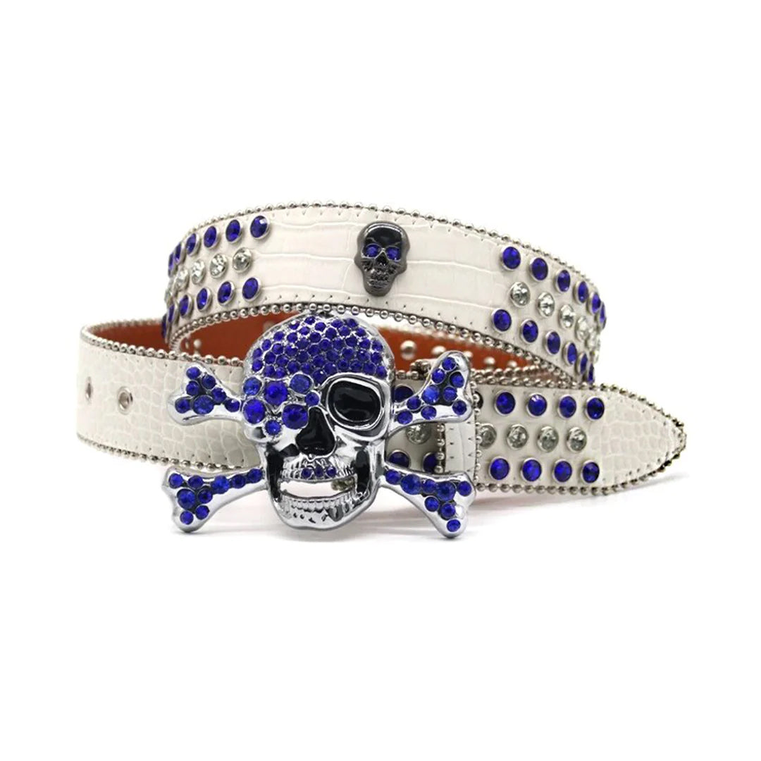 Metal Skull Buckle White Strap With Crystal & Blue Studded Rhinestone Belt