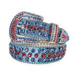 Red And Blue Rhinestone Belt With Blue Textured strap