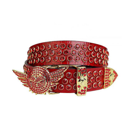 Angel Wings Buckle Red Strap With Red Studded Rhinestone Belt