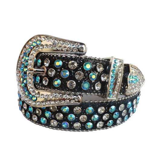 Aqua And Diamond Rhinestone Belt With Black Glitter strap