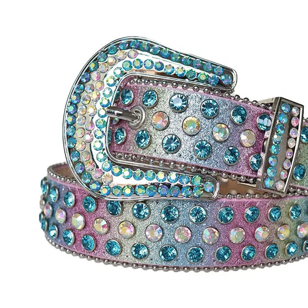 Blue And Chromatic Rhinestone Belt With Pink Chromatic Strap