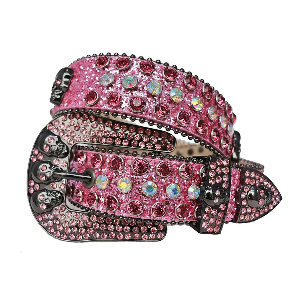 Diamond And Pink Rhinestone Belt With Pink Glitter Strap and Skull Buckles