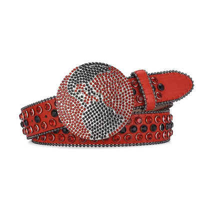 Globe Buckle With Red & Black Studded Rhinestone Belt