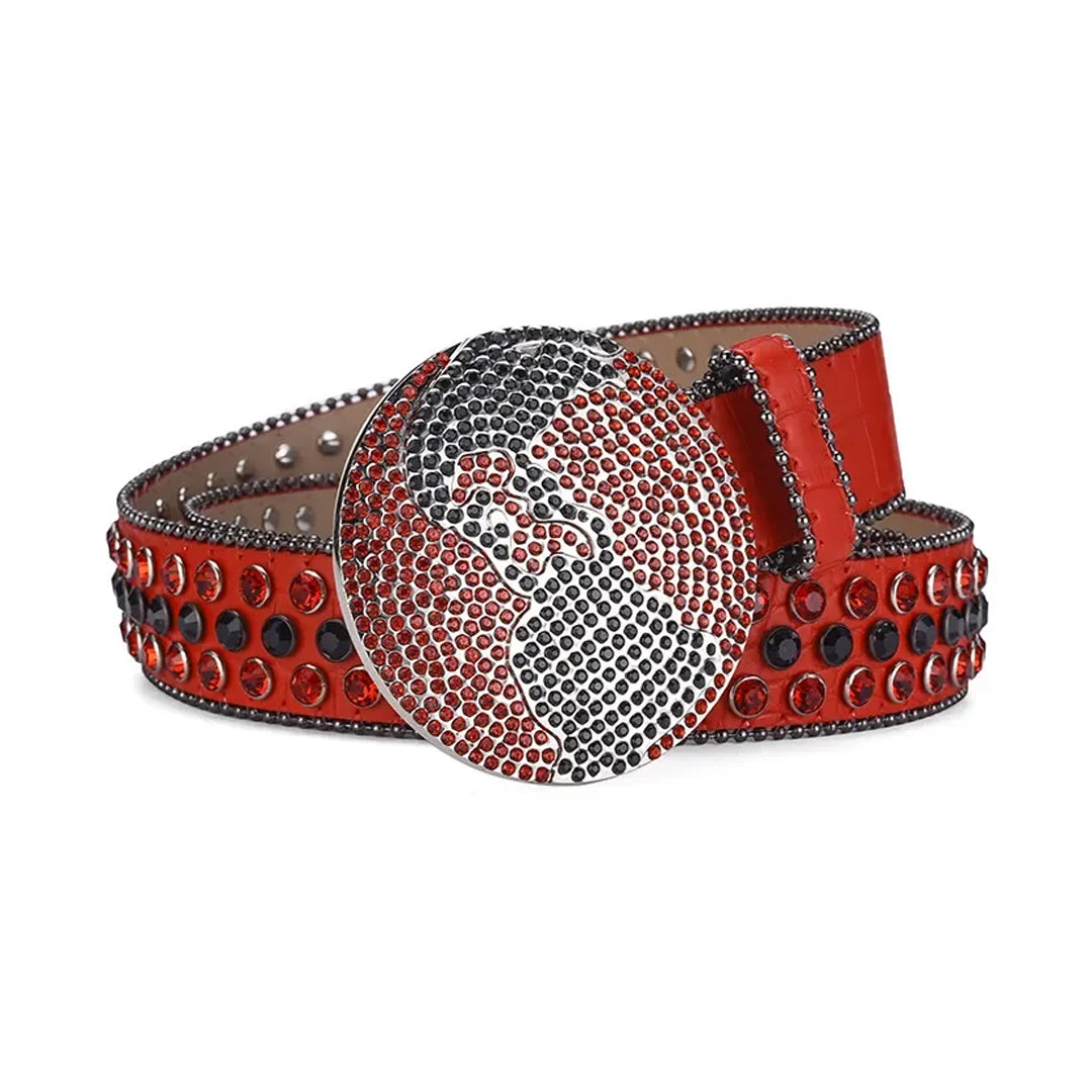 Globe Buckle With Red & Black Studded Rhinestone Belt