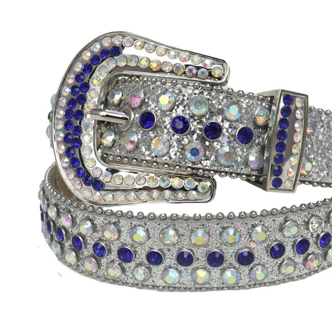 Blue And Chromatic  Rhinestone Belt With Silver Glitter Strap
