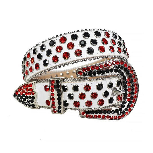 Black And Red Rhinestone Belt With White Textured Strap