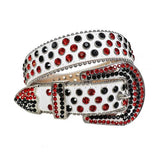 Black And Red Rhinestone Belt With White Textured Strap