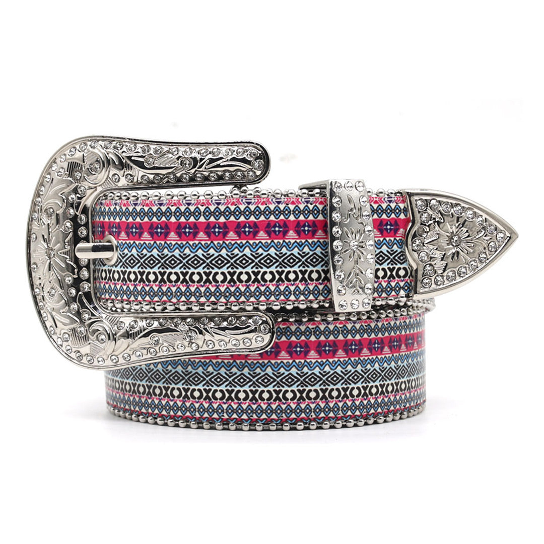 Engraved Buckle Sparkling Fish White Studded Rhinestone Belt