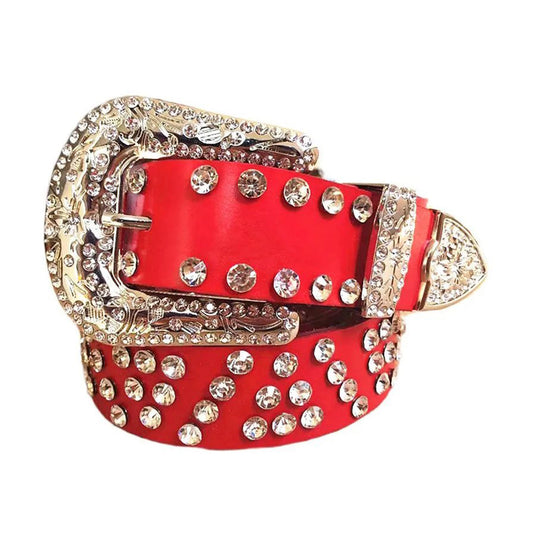 Diamond Rhinestone Belt With Red Strap