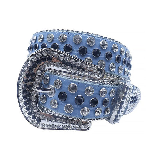 Diamond And Black Rhinestone Belt With Blue Textured Strap
