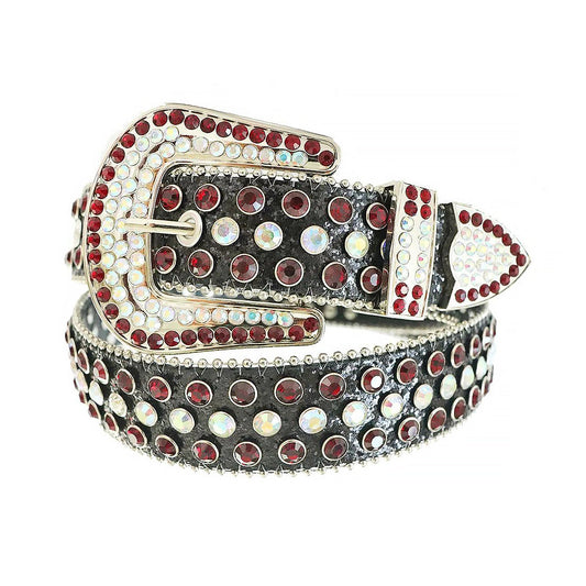 Red And Chromatic Rhinestone Belt With Black Glitter Strap