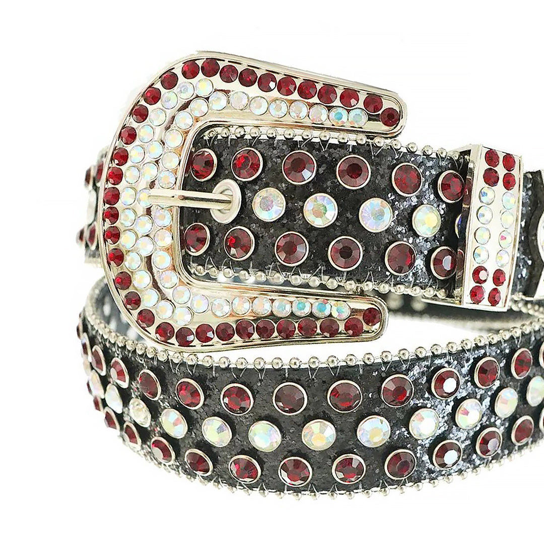 Red And Chromatic Rhinestone Belt With Black Glitter Strap