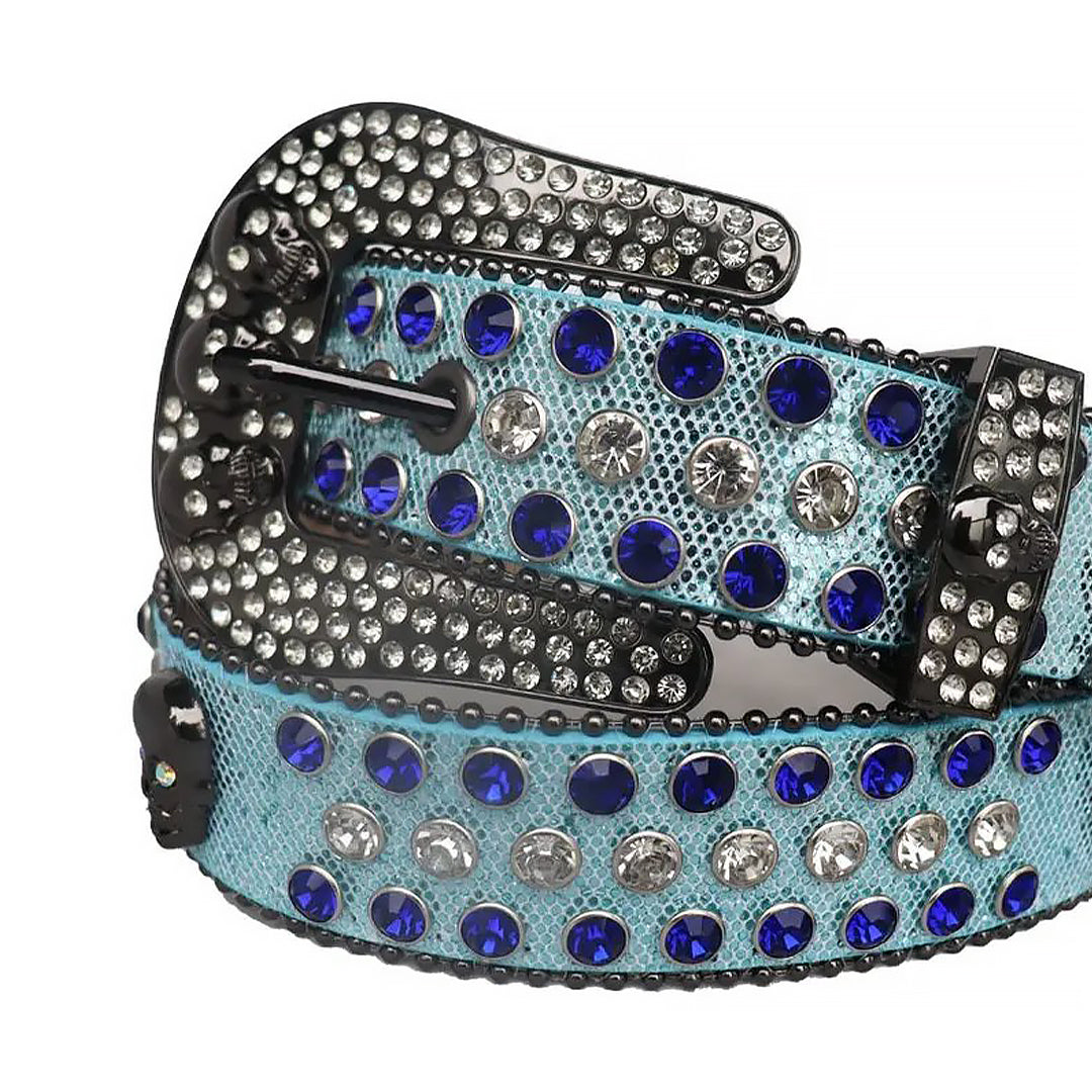 Blue And Clear Rhinestone and Skull Stud Belt With Sky strap