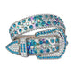 Aqua and Chromatic Rhinestone Belt With White Snake Texture Strap