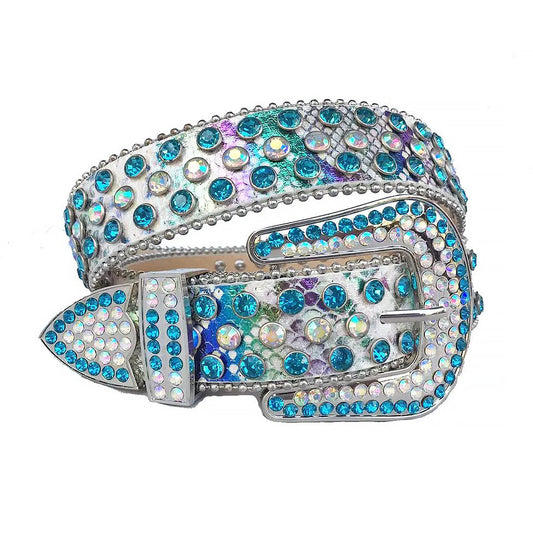 Aqua and Chromatic Rhinestone Belt With White Snake Texture Strap
