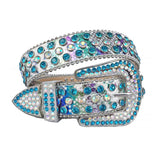 Aqua and Chromatic Rhinestone Belt With White Snake Texture Strap
