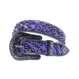 Engraved Buckle Purple Patterned Strap With Black Studded Rhinestone Belt