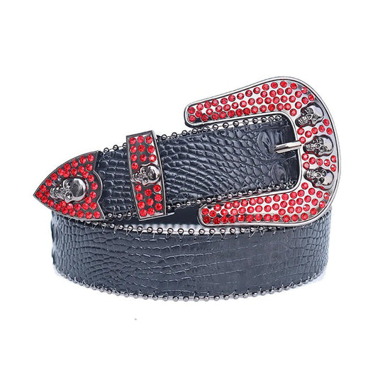 Red Rhinestone Belt With Black Textured Strap and Skull Buckles