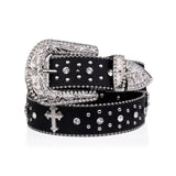Engraved Buckle Cross Black Strap With Crystal Studded Rhinestone Belt